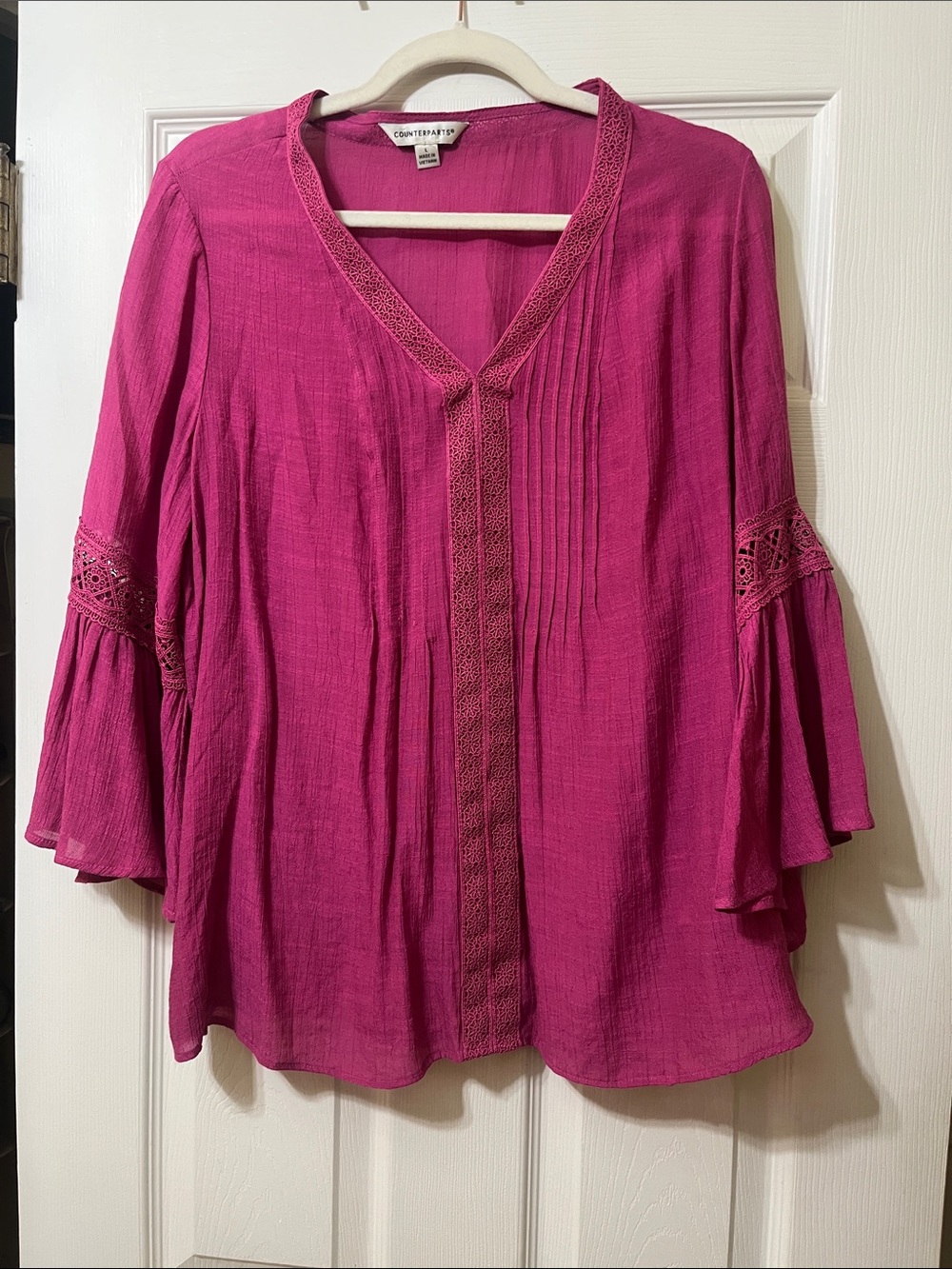 Fuchsia V-Neck Lace Trim Bohemian Blouse
